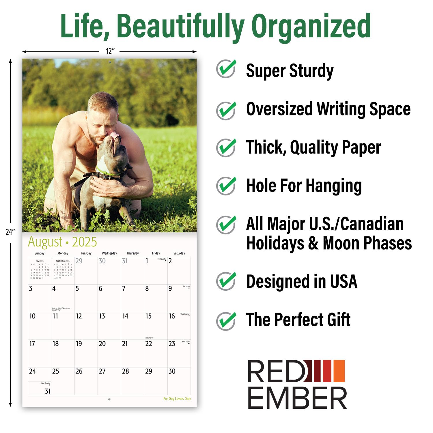 RED EMBER Calendario mensual de pared colgante 2025 para amantes de los perros, abierto de 12 x 24 pulgadas, papel grueso y resistente, regalo