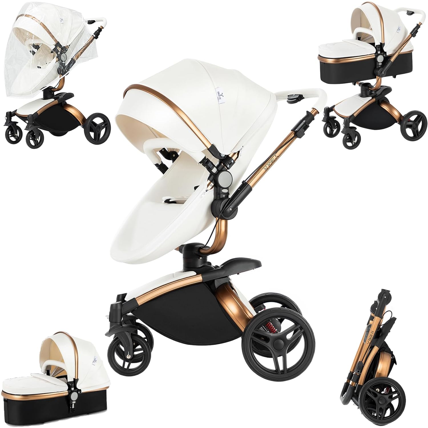 PU Leather 2 in 1 Baby Stroller with 360 Rotatable Seat, Convertible Pram, Reversible Standard Stroller, Portable Infant Carriage, Foldable High Landscape Pushchair Toddler Newborn (HR001-White)