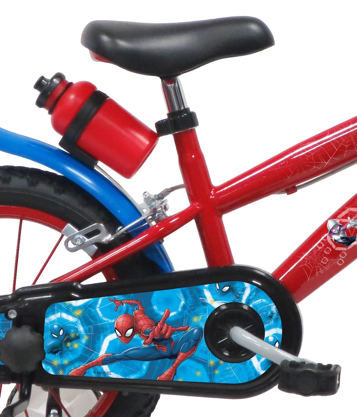 Vélo Enfant Garçon 14'' Spiderman équipé de 2 Freins, pneus gonflables, Plaque Avant décorative et bidon arrière