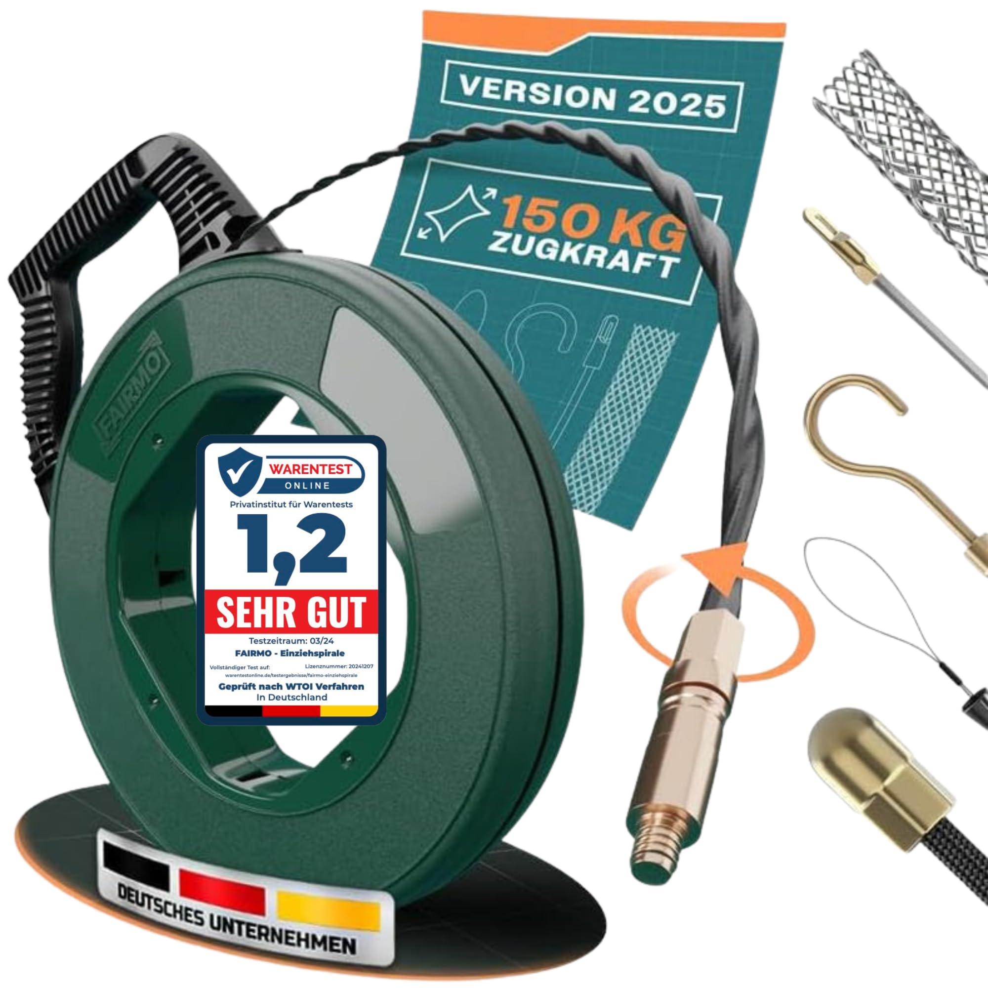Die durchdachte Einziehspirale 30M für Leerrohre von FAIRMO - 4mm PET Zugdraht inkl. 5 Adapter - Kabeleinziehhilfe bruchsicher zum Ziehen - Einziehfeder für effektives Arbeiten - Einzugshilfe Kabel