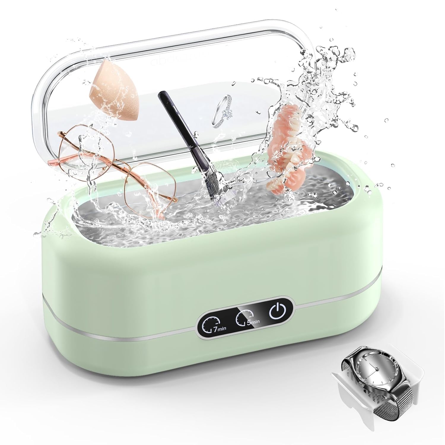 Limpiador ultrasónico de 48 KHz, limpiador ultrasónico de gafas, limpiador ultrasónico de 350 ml, equipado con 2 modos, adecuado para joyas, gafas, relojes, anillos (Azul) (Verde)