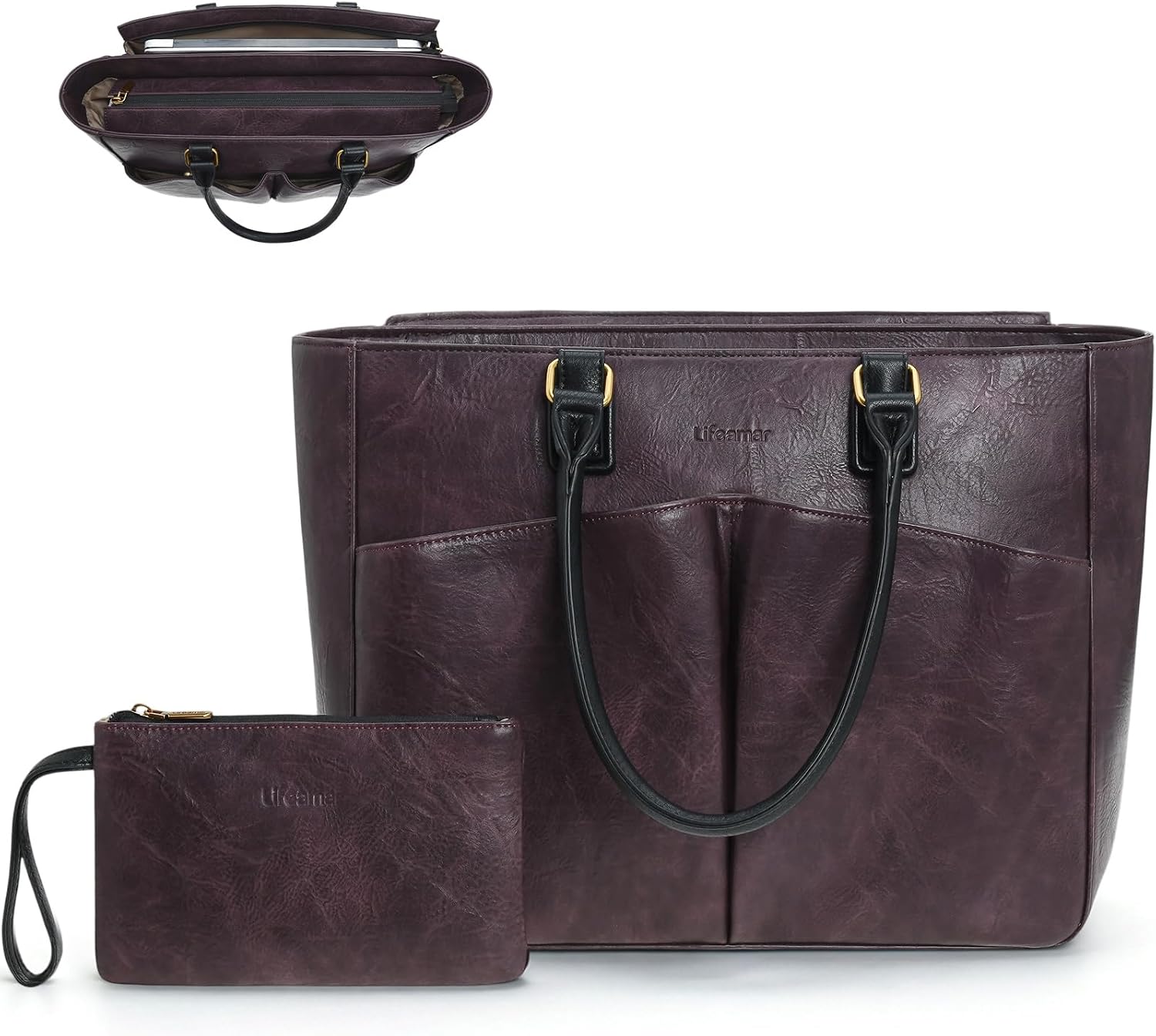 Laptop Tote Bag for Women, Leather Work Tote with Padded Laptop Compartment, Cup Holder, Office Computer Briefcase