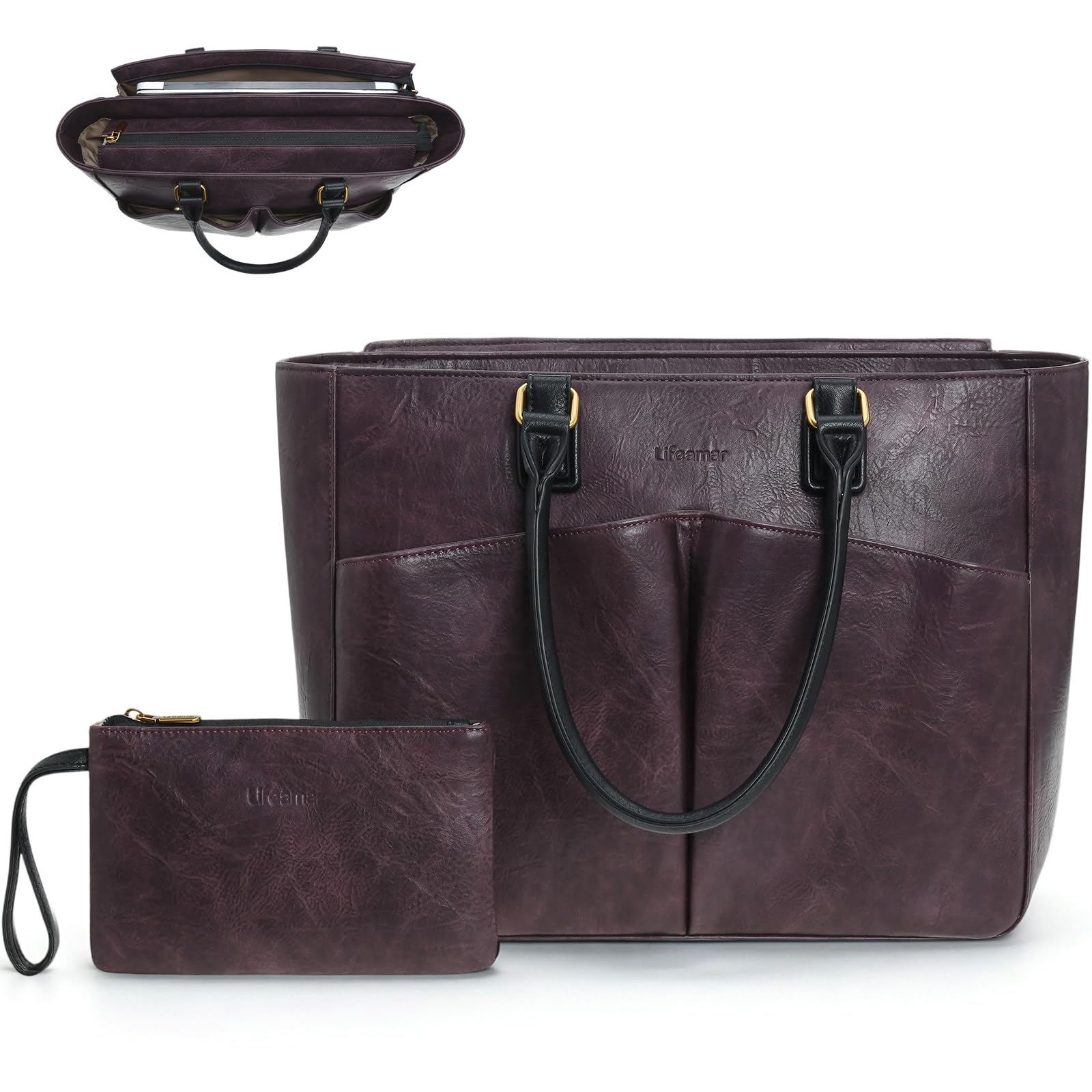 Laptop Tote Bag for Women, Leather Work Tote with Padded Laptop Compartment, Cup Holder, Office Computer Briefcase