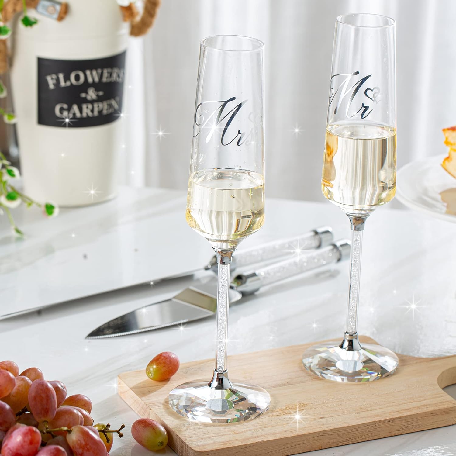 Wedding Cake Knife and Server Set, Mr and Champagne Flutes with Wedding Cake Cutting Set for Bride and Groom Toasting (Clear)