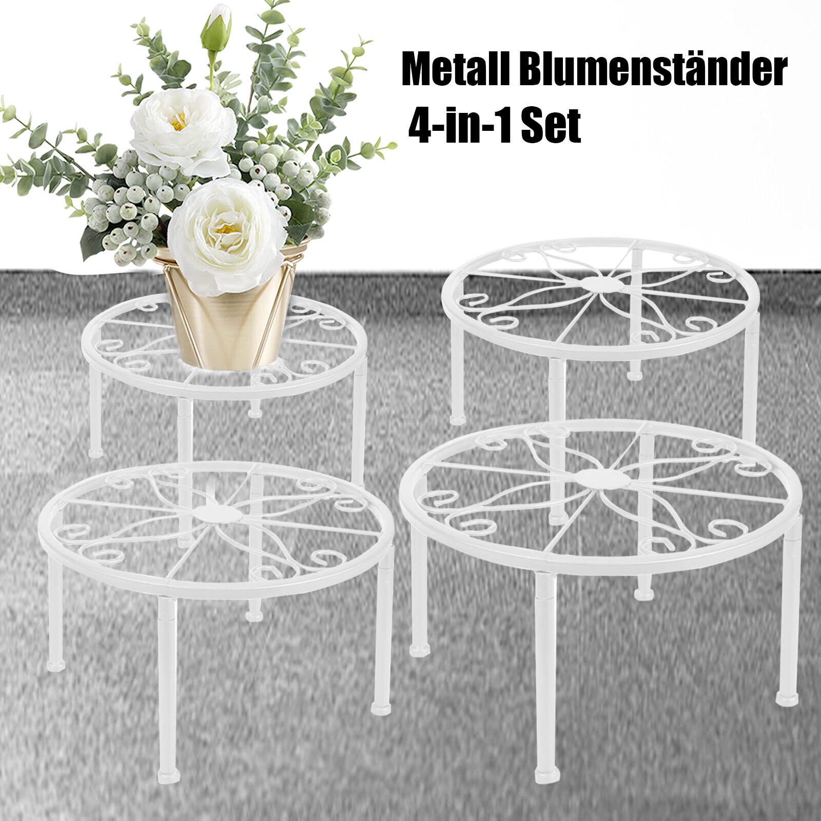 Blumenständer 4-in-1 Set, Blumenhocker aus Metall, dekorativ für Garten/Terrasse (Weiß)