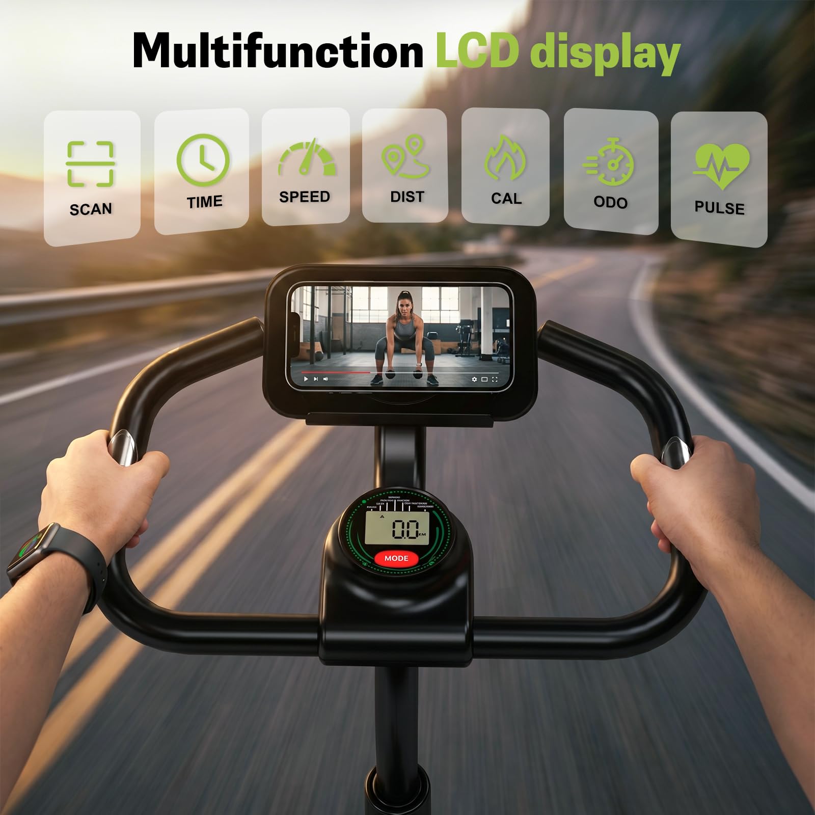 Bicicleta estática Q8 silenciosa de frenado magnético | Resistencia 0-100% ajustable | Pantalla LCD multifunción | Pulsómetro | Asiento/manillar ajustables | Parada de emergencia | 150KG máx.
