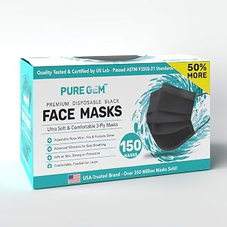 Gleeporte 150 Pack Black 3-Ply Disposable Face Masks - Comfortable Elastic Earloop Adult Masks for Home, Office, School & Outdoors