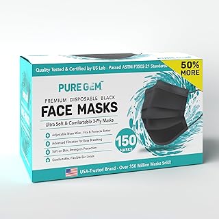 [Pack Of 150] Black Disposable Face Mask, 3-Ply Adult Masks, Facial Cover with Elastic Earloops For Home, Office, School,