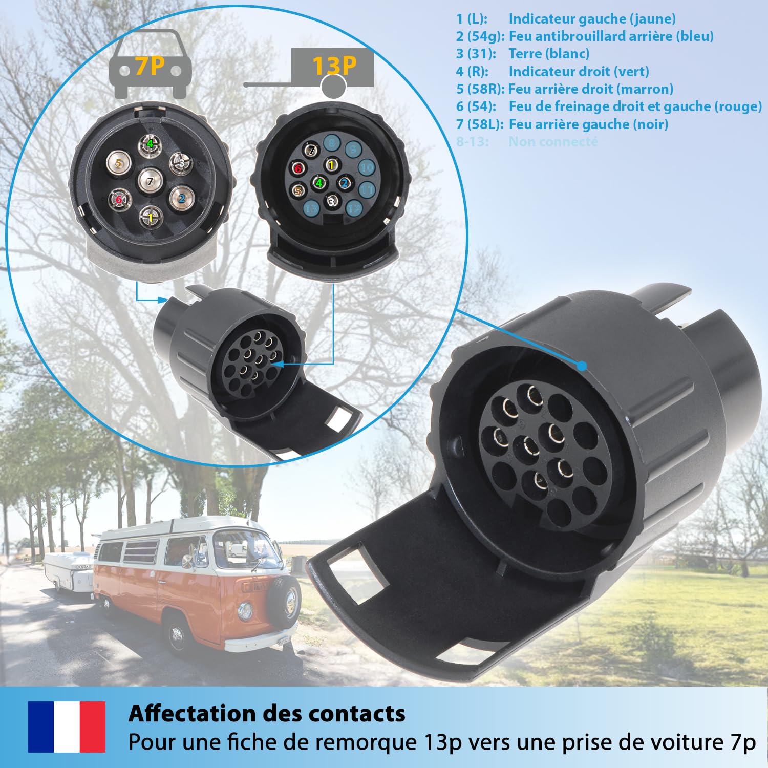 Connecteur adaptateur de remorque 12V, 13 broches à 7 broches, barre d'attelage, convertisseur