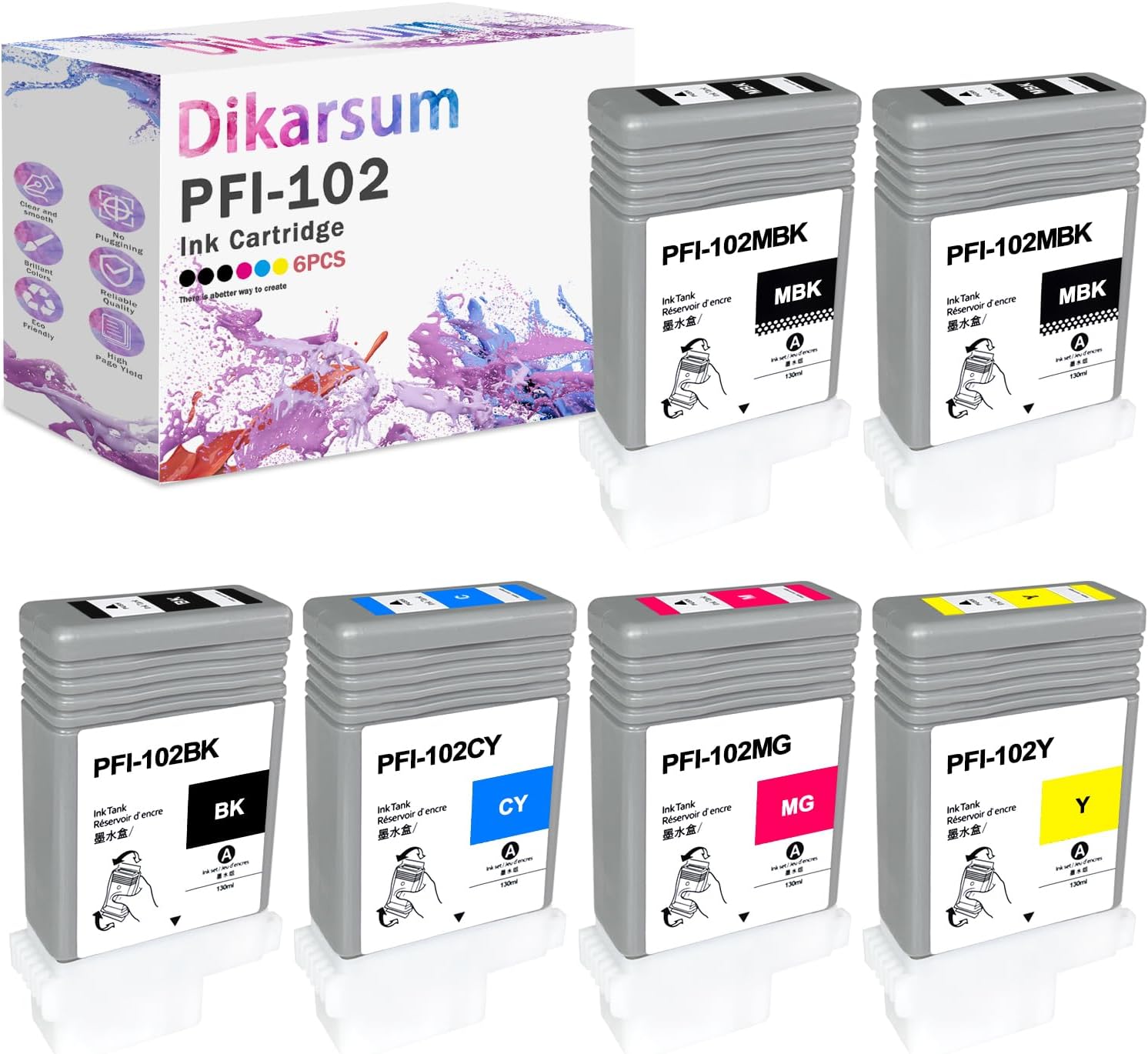 PFI-102 Compatible Canon PFI102 PFI102MBK PFI102BK PFI102C PFI102M PFI102Y Ink Cartridge Replacement for ImagePrograf iPF500 510 600 605 610 650 655 700 710 720 750 755 760 765 (6-Pack)