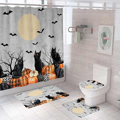 Miniatura 20 de Juego de 4 cortinas de ducha de Halloween con alfombras, divertida cortina de ducha fantasma, cortina de ducha rosa de tela impermeable, cara Rosa