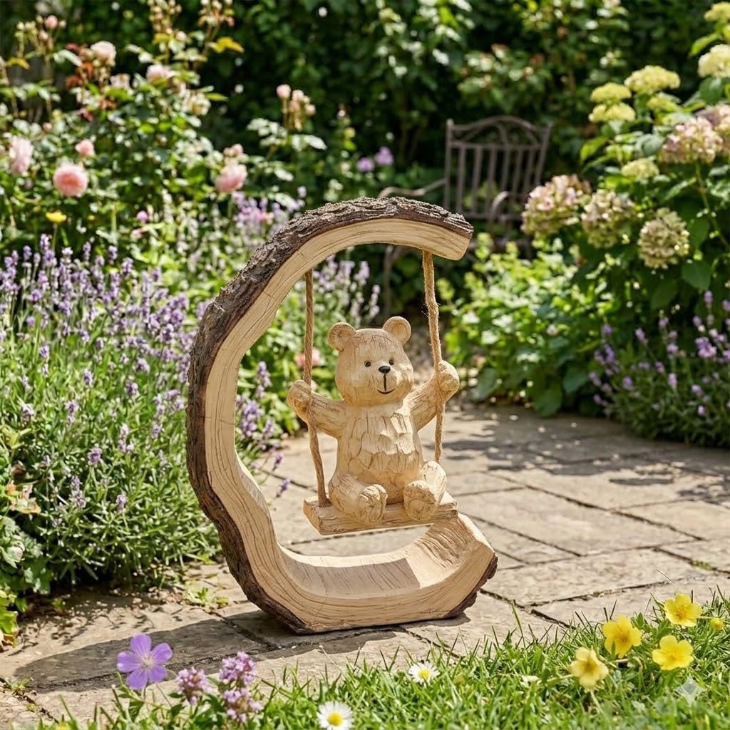 Bloomingtons Direct Bear Garden Statue Ornaments Outdoor Realistic Bear Swinging Decorations Weatherproof Resin Garden Sculptures & Statues For Indoors And Outdoors Home Decor Animal Figures