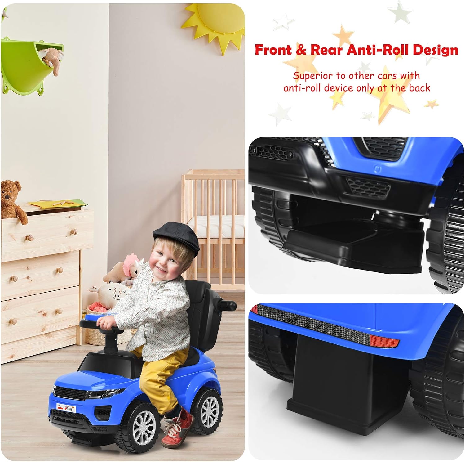 Costzon 3 in 1 Ride on Push Car, Stroller Sliding Walking Car with Horn, Music, Light, Under Seat Storage, Parental Handle, Armrest Guardrails, Ride on Toy for Boys & Girls (Blue)