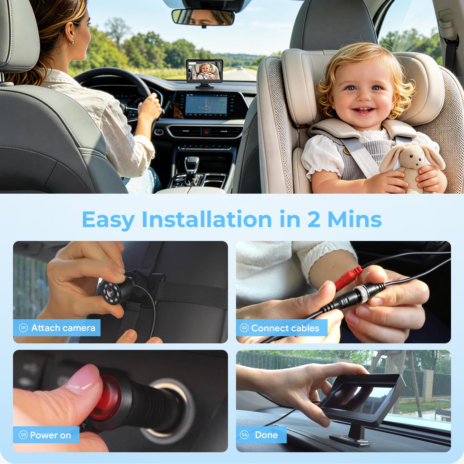 FEISIKE Espejo de bebé para coche, cámara de coche de bebé con visión nocturna, ver al bebé en el asiento trasero con pantalla HD de 4.3 pulgadas, observa cada movimiento del bebé en cualquier momento