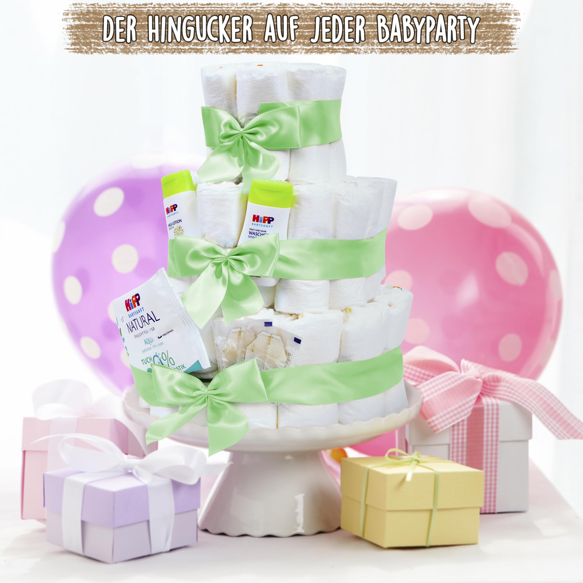 MilaBoo® Tarta de pañales de 3 pisos neutral con productos premium de HIPP (3 pisos verde)