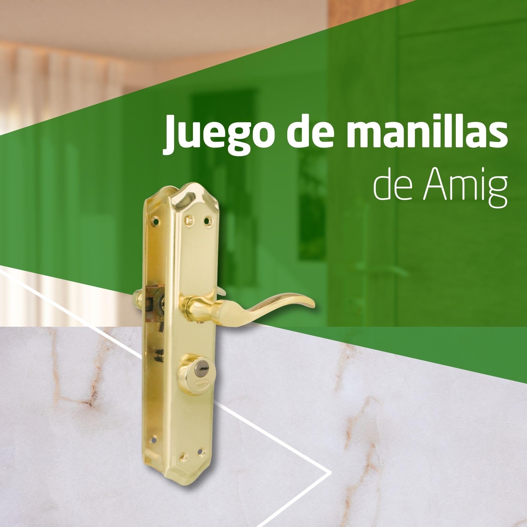 Amig - Manilla para puertas Derecha Mod. ALFA con Muletilla Mod. 46 - Acero Latonado - 255 x 48 mm - Cuadradillo de 8mm - Incl. 2 llaves - Para puertas de 35 a 45 mm - Dorado