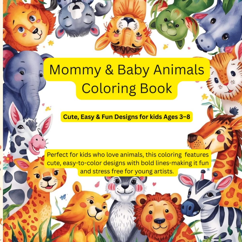 Mommy & Baby Animals Coloring Book: Cute, Easy & Fun Designs for kids Ages 3–8