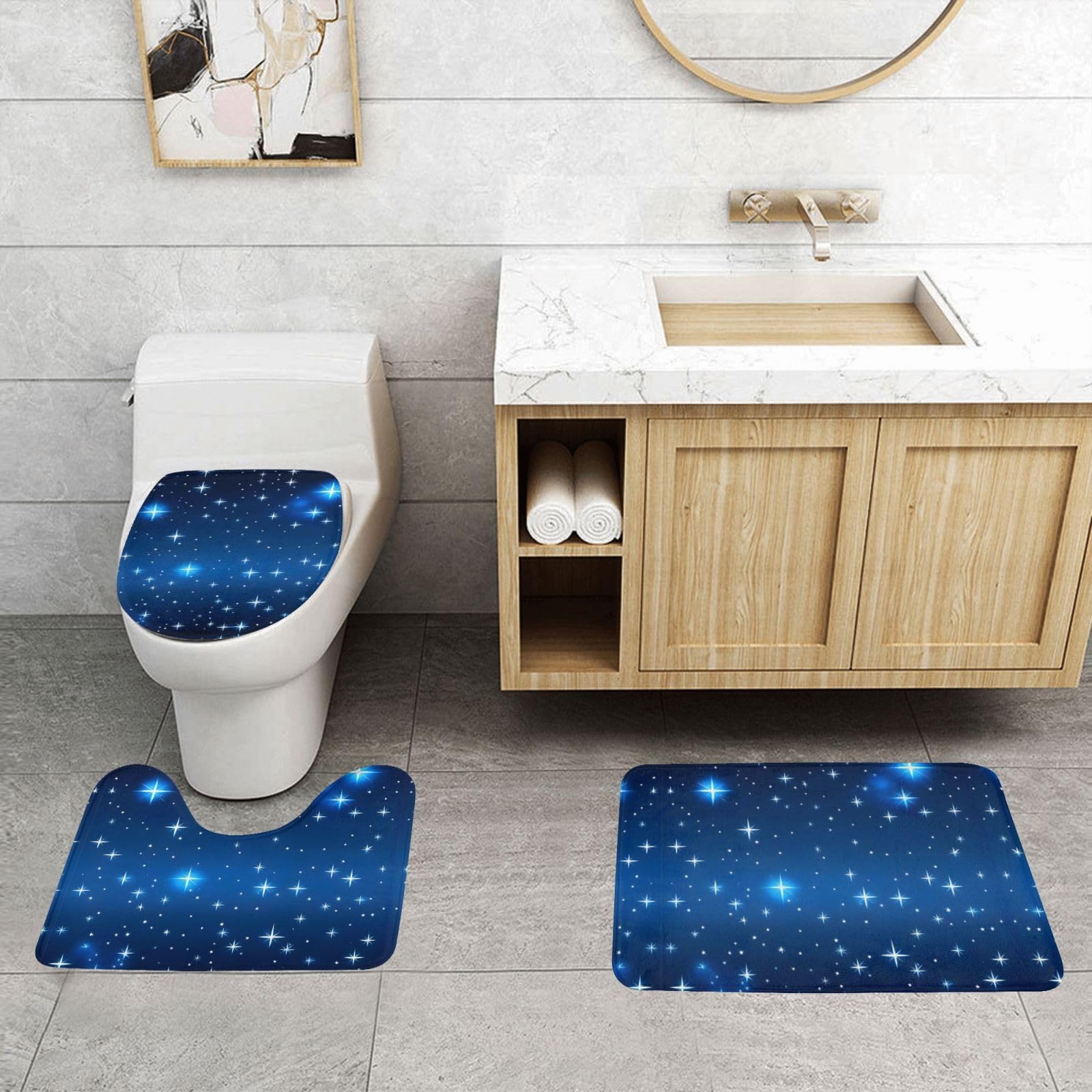 Alfombras de baño PHAYAH antideslizantes con patrón de estrellas azules y juego de 3 piezas
