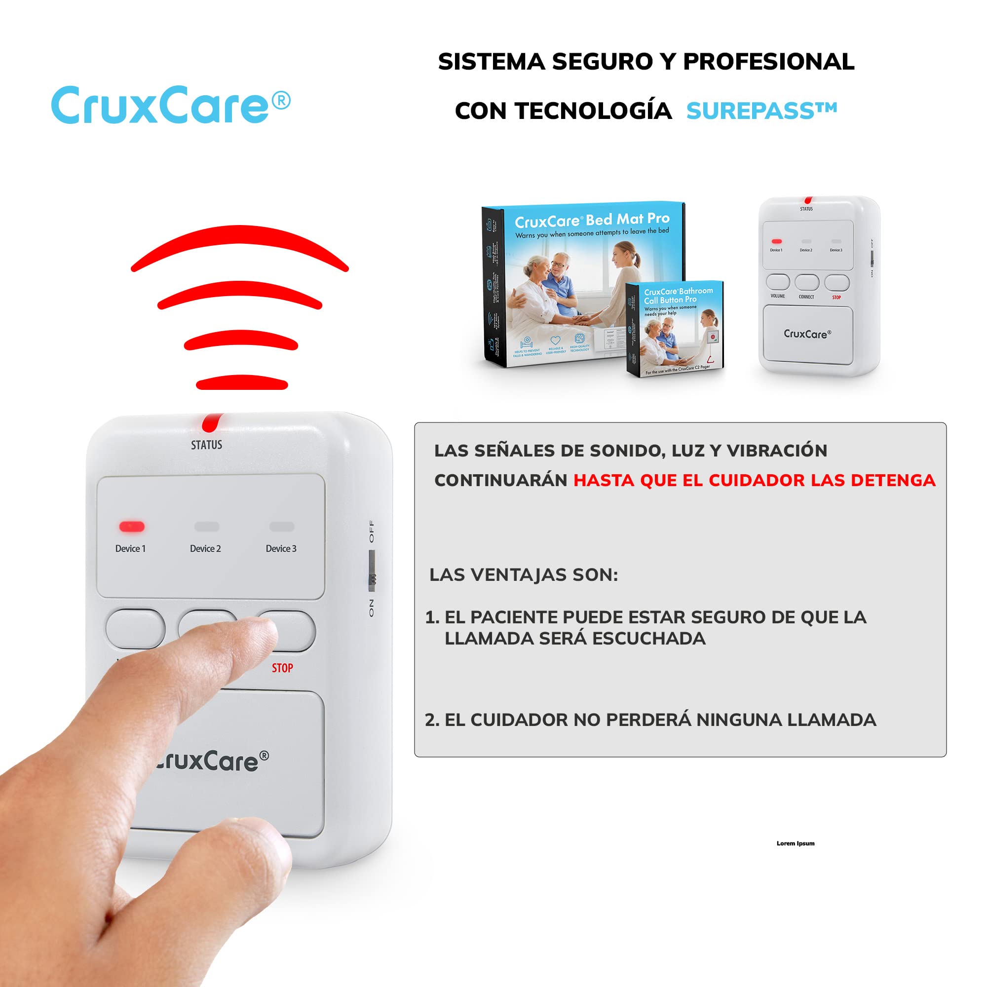 C2 Avisador Personas Mayores - 1 Botón de Llamada | 1 Localizador, Alarma para Ancianos y Discapacitados, Sistema de Emergencia Ancianos, Portátil, Ampliable