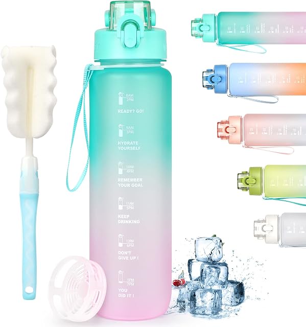 AOHAN Sports Water Bottle 1l, Drinks Bottle with Bottle Brush and Filter, Motivational Water Bottle with Time Markings, Plastic Water Bottles Leakproof for Gym/Running/Cycling/School/Office
