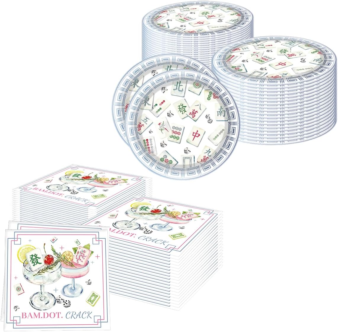 Mahjong Party Plates and Napkins Set - 40pcs, Traditional Chinese Mahjong Tile Tableware with BAM.DOT.CRACK Cocktail Napkins, Game Night & Asian Themed Party Decorations Supplies