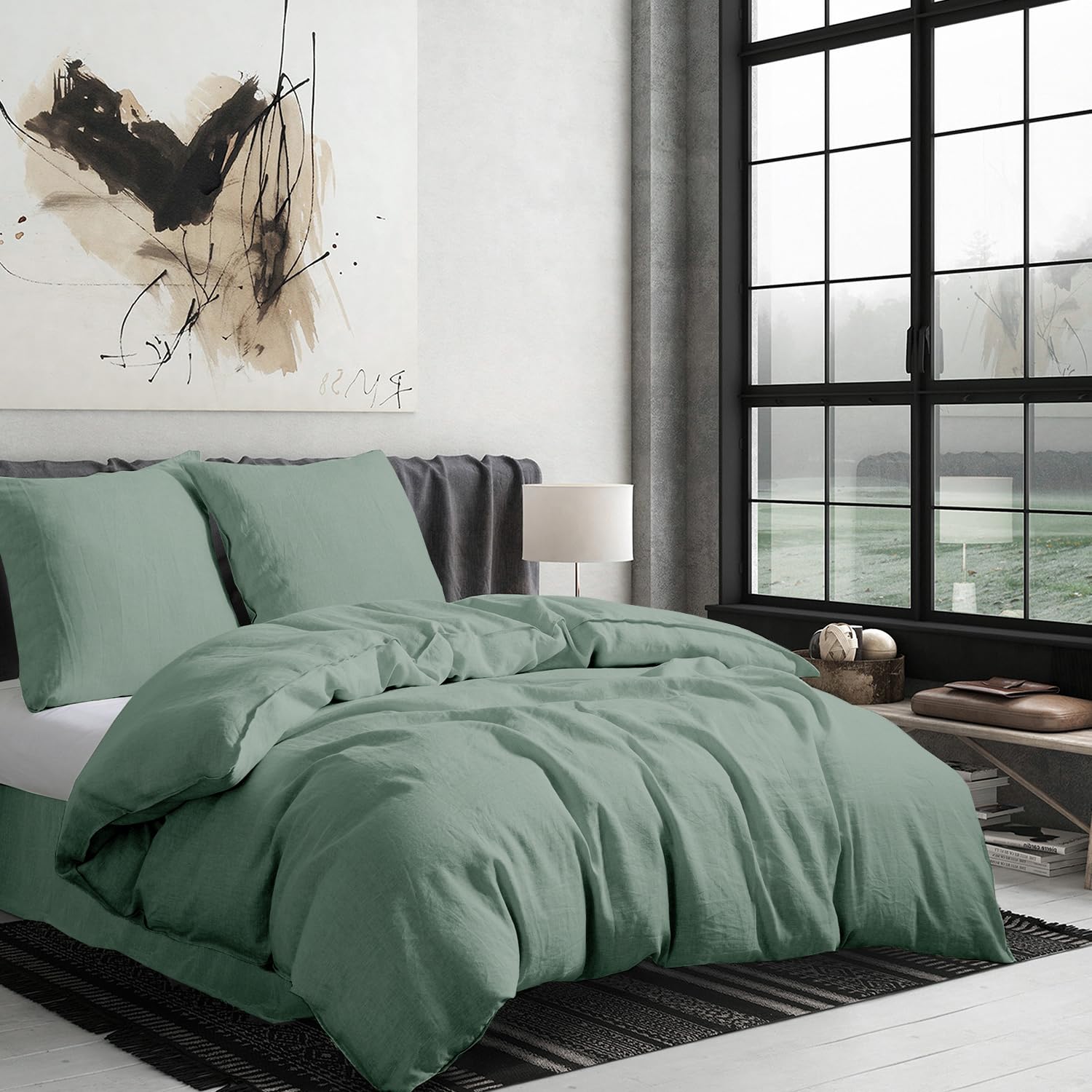 CHUFFED Ropa de cama de lino de 135 x 200 cm, 2 piezas, 100 % lino natural, 1 funda nórdica de 135 x 200 cm y 1 funda de almohada de 80 x 80 cm con cremallera, suave transpirable, color verde salvia