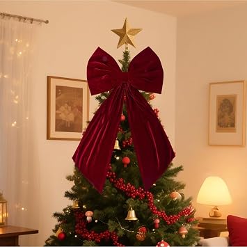 Christmas Tree Topper Bow, 36x18 Inch Large Burgundy Ribbon Bow Ornament Christmas Decorations for Tree, Birthday Party Backdrop, Wedding Party Coquette Room Decorations Red, 1pc