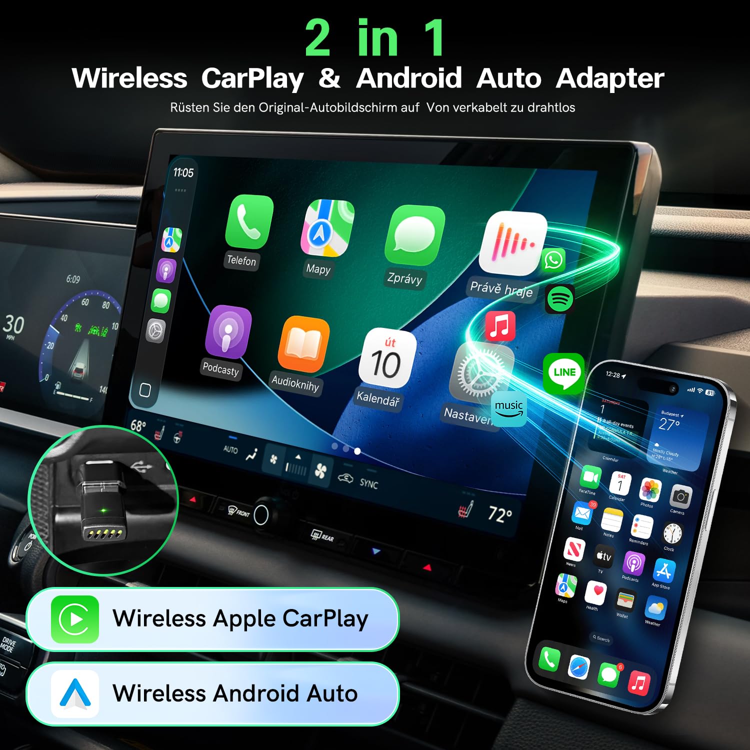 Carplay Wireless Adapter & Android Auto Wireless Adapter, USB-A/USB-C, kompatibel mit iOS & Android 2 in 1, Automatische Verbindung und stabil