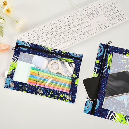 Vista 4 de Kcldeci Paquete de 2 bolsas para lápices para carpeta de 3 anillos, flechas de motocross de grunge deportivo, color azul, blanco, verde, grunge