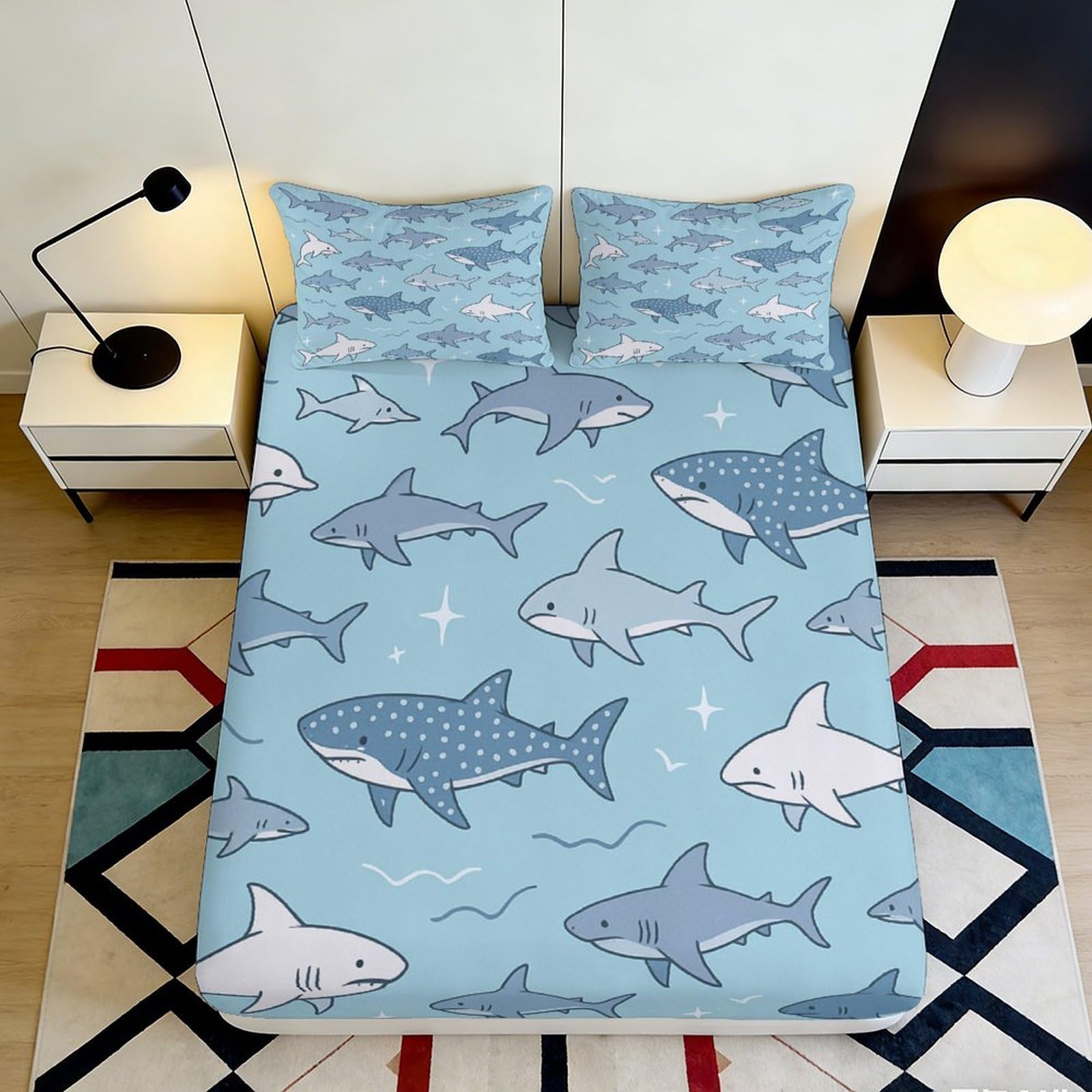 3D Printed Blue Shark Fitted Sheet Microfiber Soft Breathable Ocean Fish Mattress Cover for Bedroom Dorm Decor 120x200x25cm
