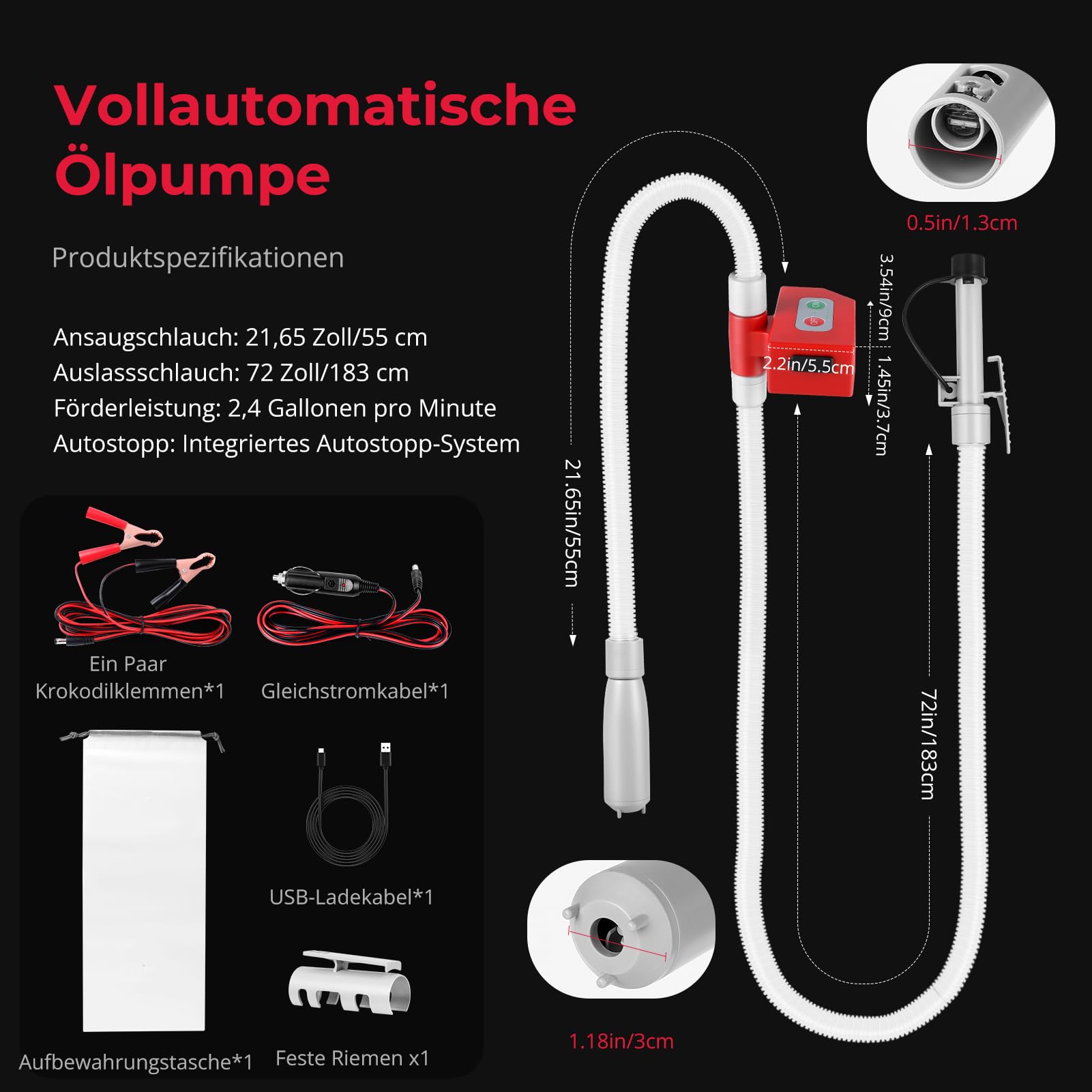 Pompe de transfert électrique, pompe à carburant, arrêt automatique, double alimentation (USB-C/AA), pompe à essence à main, pompe diesel 2,4 GPM avec tuyau de 183 cm pour essence, diesel et eau