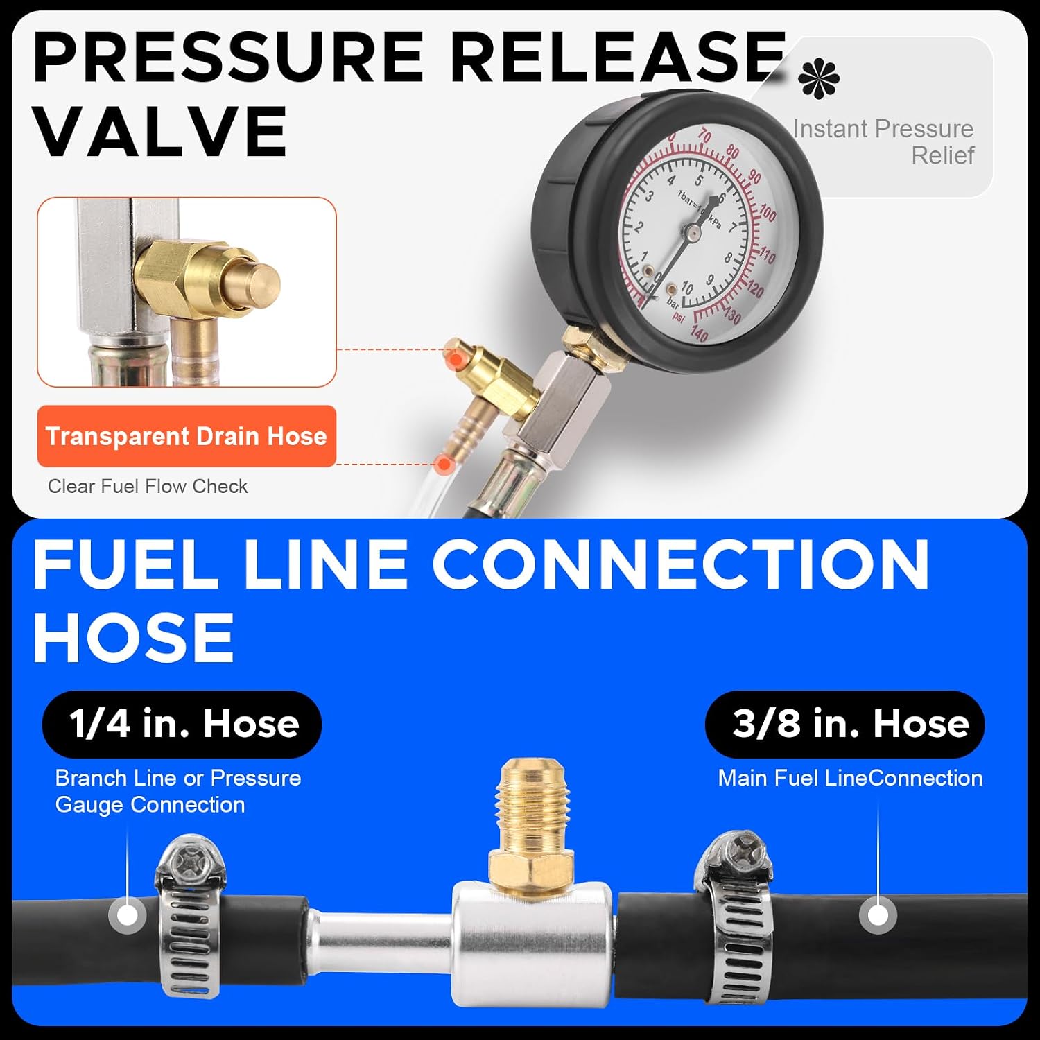 Fuel Pressure Tester Kit 0–140 PSI, Fuel Injection Pressure Tester & Fuel System Pressure Gauge Kit with Hoses and Adapters for Gasoline Cars Trucks Motorcycles（Blue）