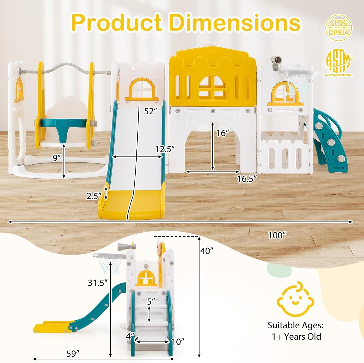 Costzon 10 in 1 Toddler Swing and Slide Set, Kids Slide and Climber Playset w/Aisle, Peek-a-Boo Window & Storage Space, Baby Indoor Playground for Aged 1+ (Yellow+Blue,100" × 59" × 40")