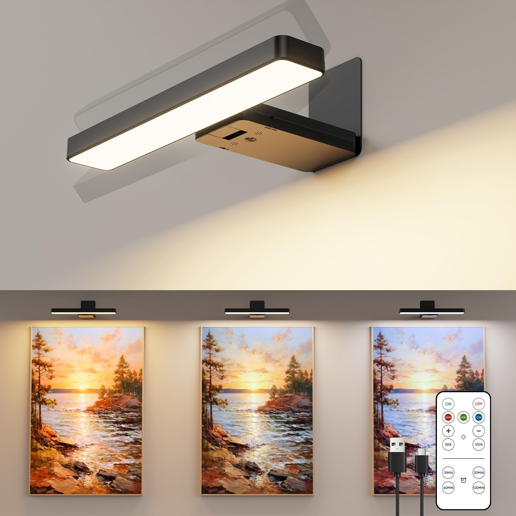 Bilderleuchte Kabellos, Akku Bildbeleuchtung mit Fernbedienung, Dimmbar Wandleuchte Innen ohne Stromanschluss, Dart Beleuchtung, LED Wandlampe mit 3 Farbtemperaturen Timer für Gemälde Malen Foto Art