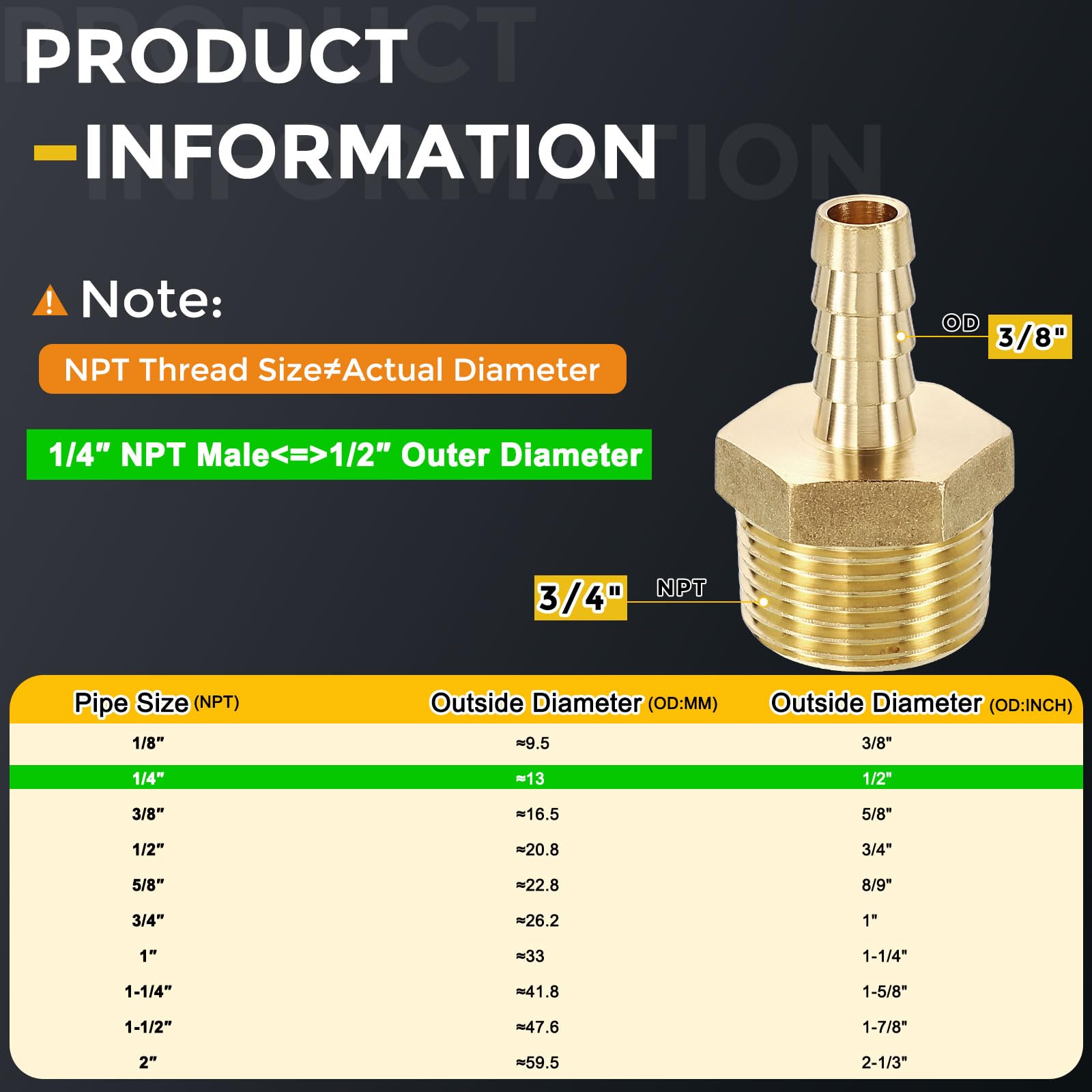 METALLIXITY 5Pcs Brass Hose Barb to NPT Male Adapter 3/8" Barb x 3/4" NPT Male for Automotive Motorcycle, Marine, Truck - Image 2