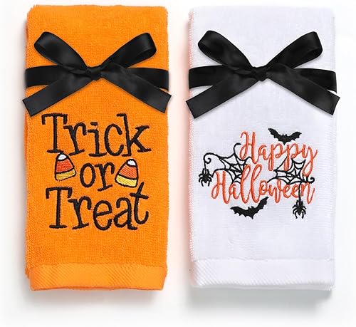 Juego de 2 toallas de mano de Halloween, 100 % algodón, bordadas con texto en inglés "Trick or Treat", "Happy Halloween", toallas de cocina para