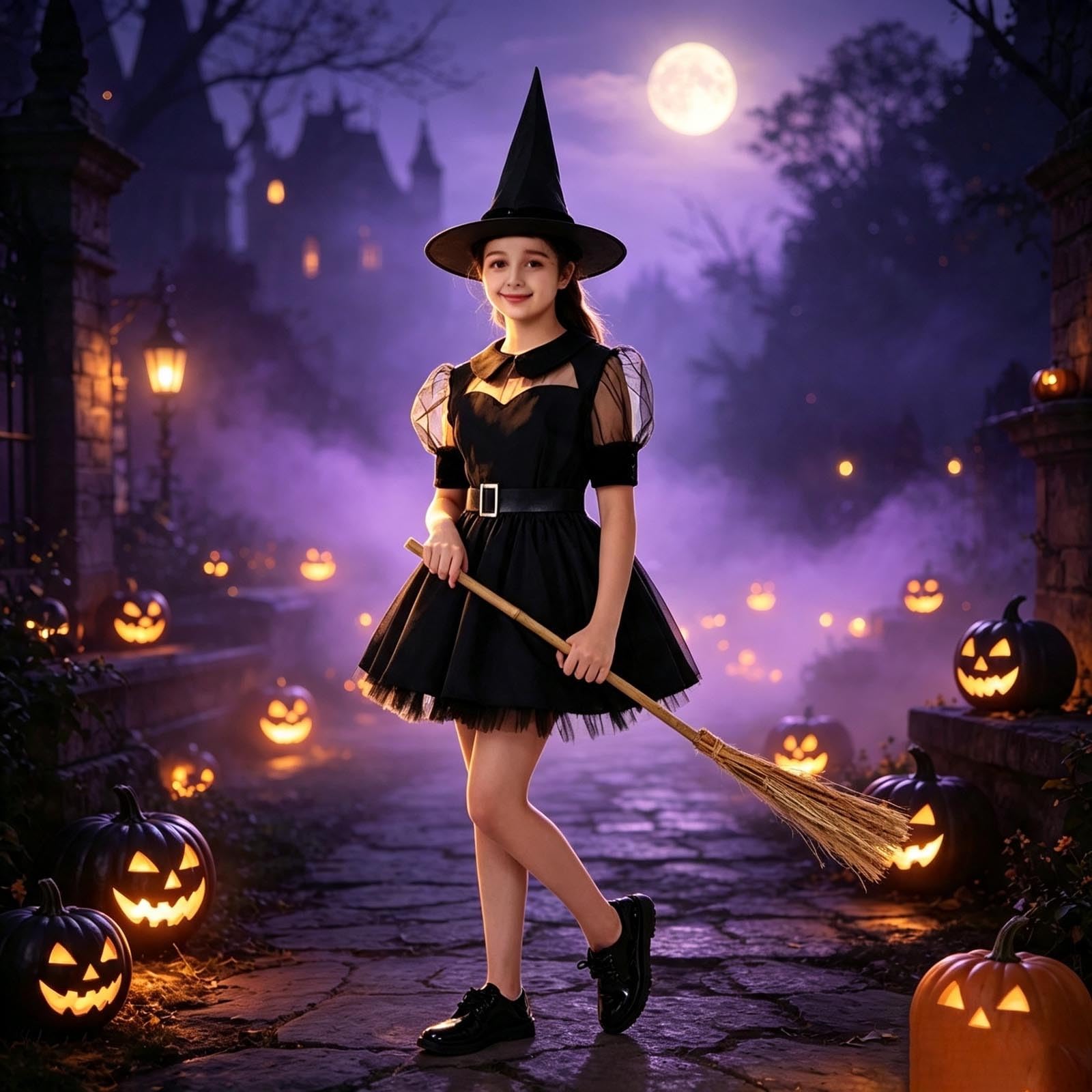 Generisch Incantevole costume da strega per bambini con maniche a scalate, abito nero per ragazze, vestito magico per feste per bambini, vestito per travestimenti per la stagione
