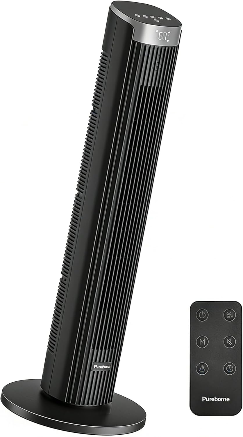 36.2-Inch Tower Fan, 25ft/s Silent Fans for Sleeping, Oscillating Fans for Bedroom & Office, Black, 1Pack+1PCS