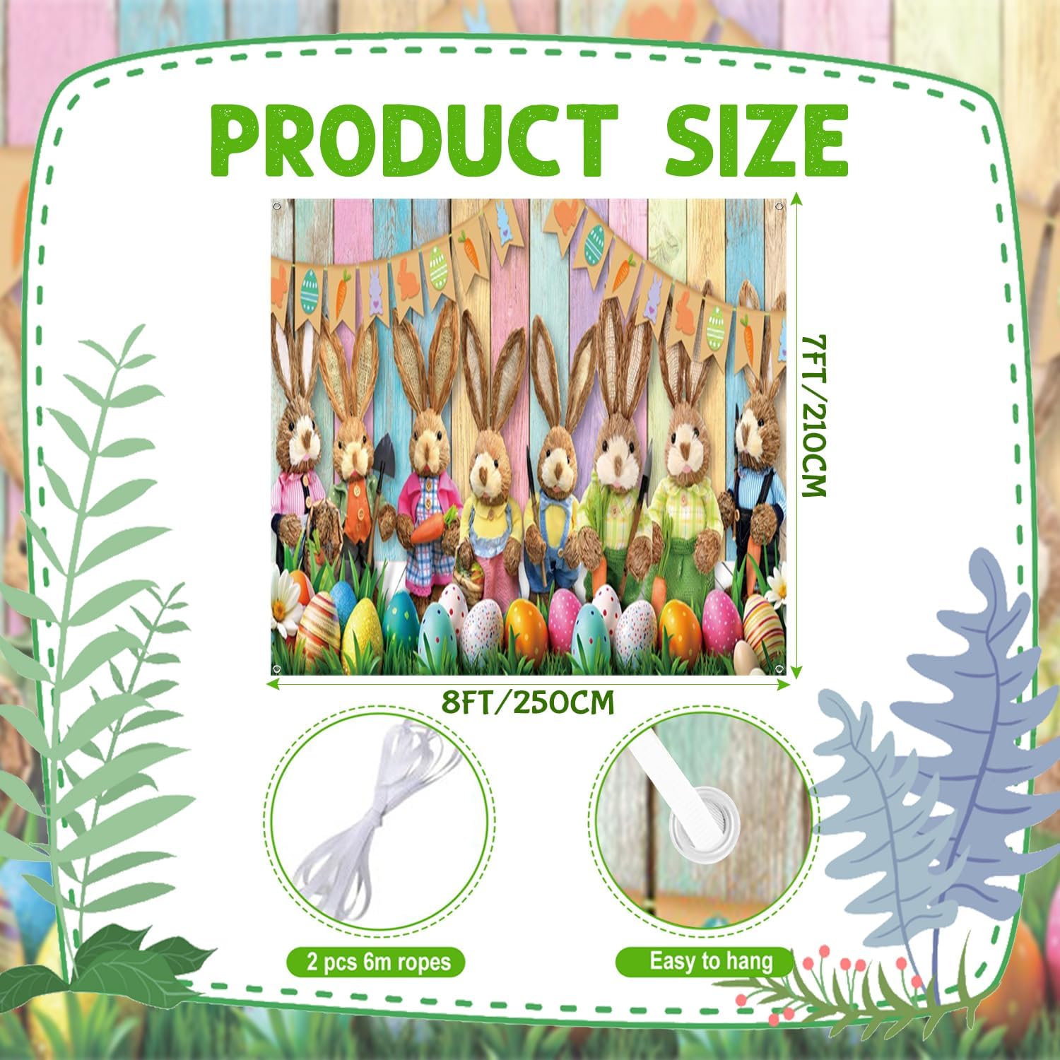 7x8ft Spring Easter Garage Door Decor Colorful Wood Eggs Cute Rabbit Pastel Rustic Green Lawn Garage Door Backdrop for Birthday Baby Shower Party Garage Door Banner