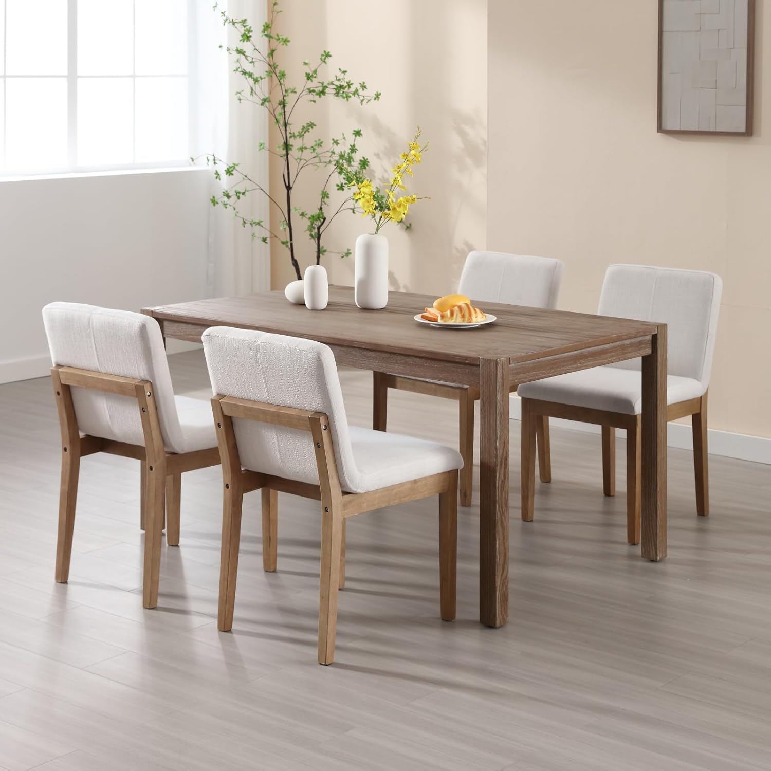 Farmhouse Wooden Dining Chairs with Rectangular Backrest, Mid Century Linen Fabric Upholstered Dining Room Side Chairs Set of 2 for Kitchen Island/Living Room/Restaurant, Beige