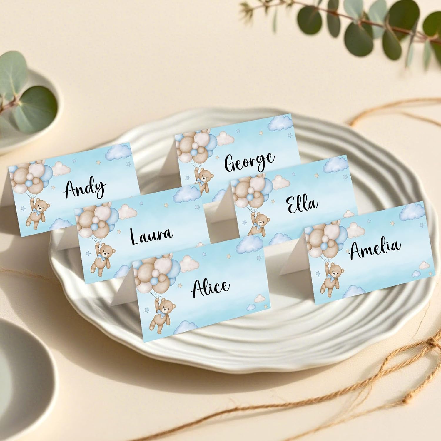 120 Pack Blue Bear Baby Shower Place Cards, 3.5" x 2" Foldable We Can Bearly Wait Baby Table Tent Name Cards, Food Labels for Bear Baby Shower Birthday Party Reception Tables Placement