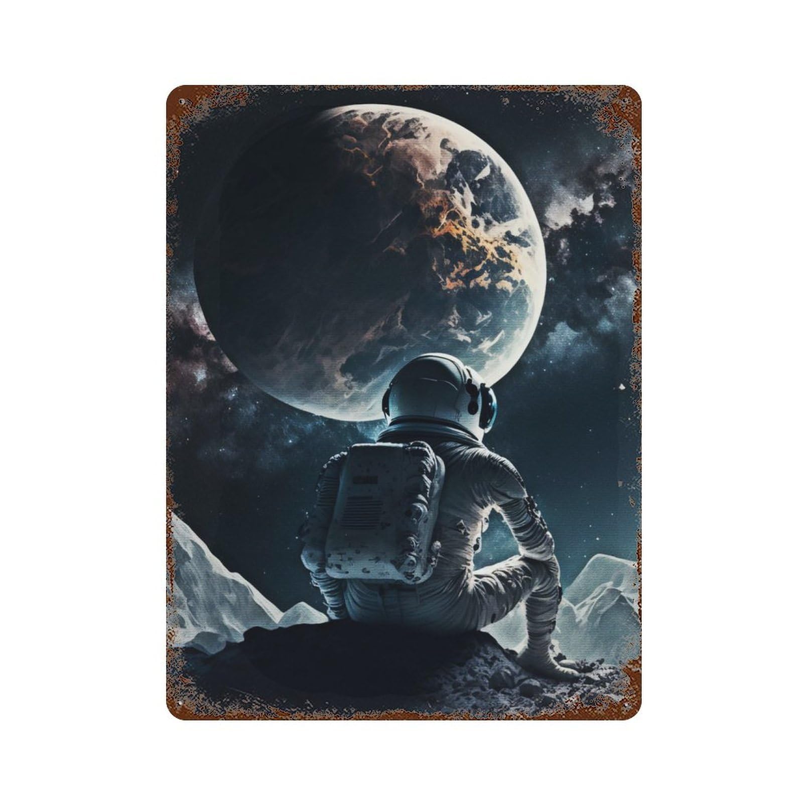 Astronaut Is Sitting Vintage Wall Sign 15.7"x11.8", Rust Effect Metal Decor for Living Room, Hallway And Home Decor