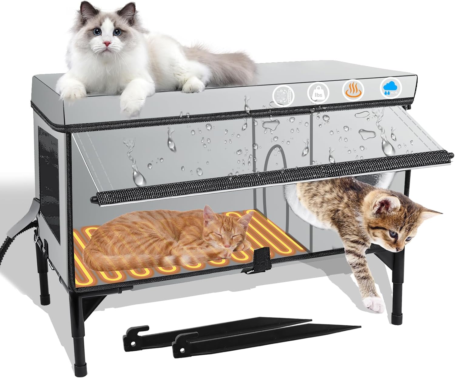 Outdoor heated cat house with heating pad, weatherproof