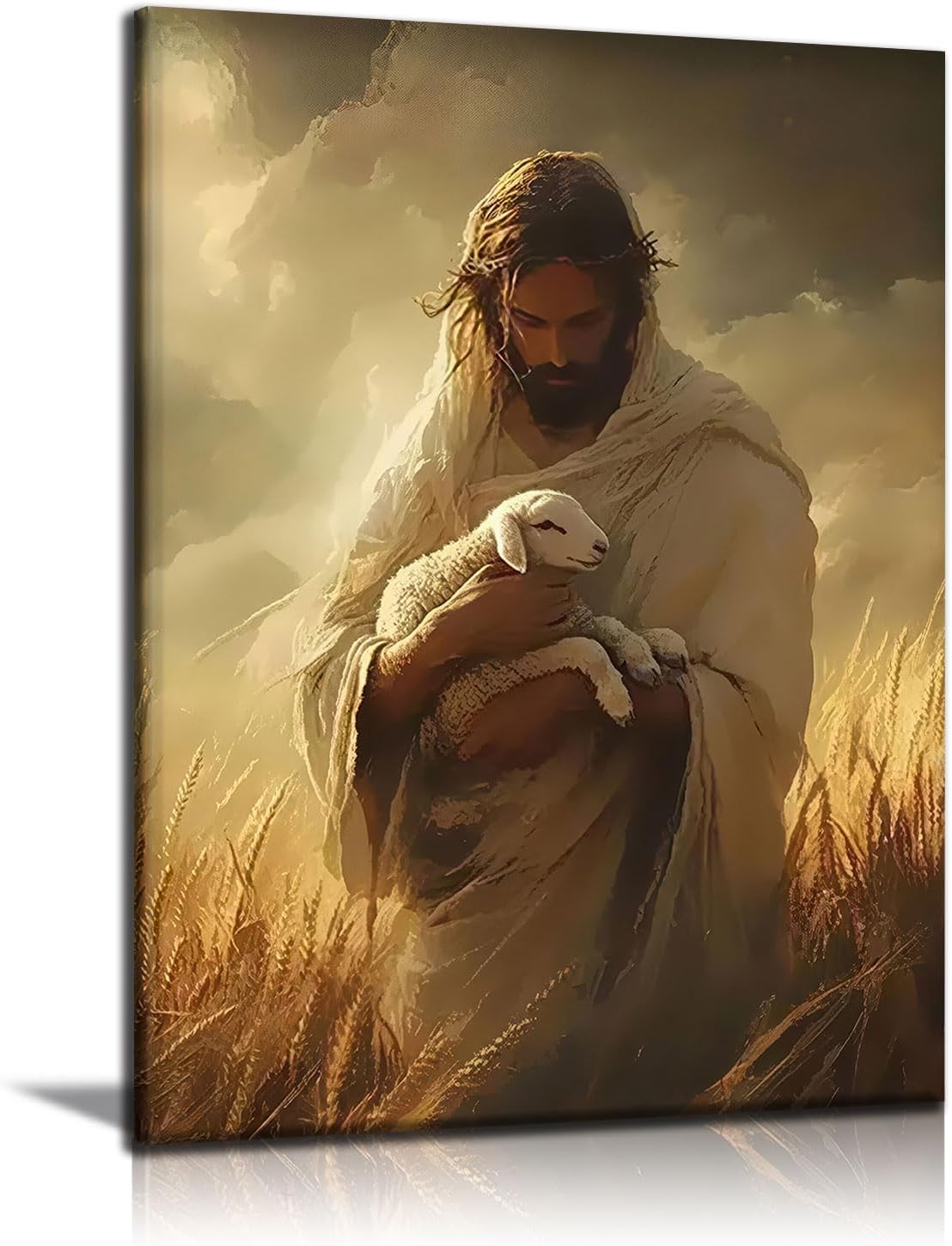 Jesus Holding Lamb Framed Canvas Wall Art Christian Good Shepherd Painting Religious Wall Decor for Living Room Bedroom Church Prayer Room 16x24 Inch Ready to Hang