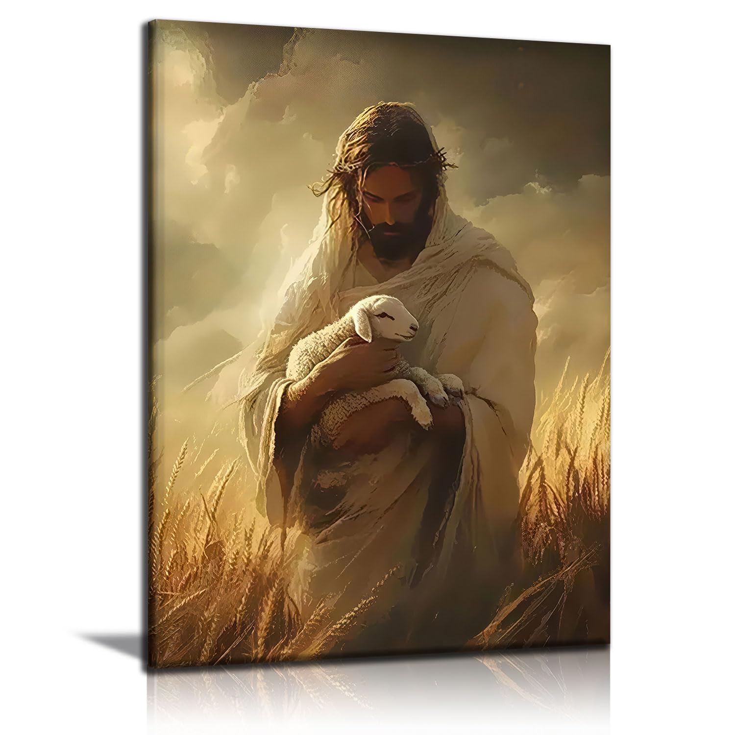 framed jesus the good shepherd canvas wall art christian religious wall decor with lamb faith artwork for living room bedroom church prayer room 24x36 inch ready to hang