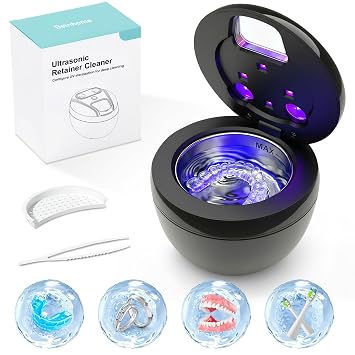 Dental Ultrasonic Retainer Cleaner Machine - Dental Cleaning Pod for Denture, Mouth Guard, Aligner, Night Guard, Braces, Toothbrush Heads, Jewelry, 45kHz Sonic Cleaner with Digital Timer & 200ML