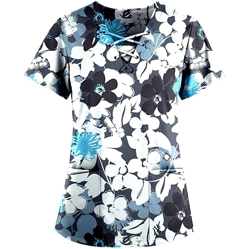 HXHYQKP Womens Plus Size Scrub Tops 2024 Print Nurse Uniforms for Women Short Sleeve V-Neck Shirts Tops with Pockets