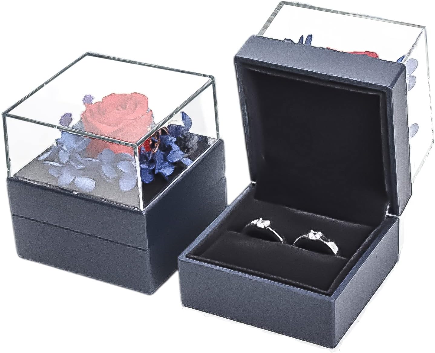 YAGELI Preserved Flower Ring Box for Wedding Ceremony - Acrylic Square Jewelry Box Double Ring Display Case Holder for Valentine's Day, Mother's Day, Gift for Her