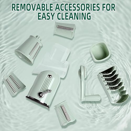 Miniatura 9 de Rallador rotativo de queso con asa, triturador de verduras con 5 cuchillas reemplazables y base de succión fuerte, rebanador redondo de alimentos y