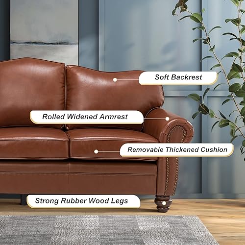 Miniatura 4 de HULALA Home Sofá tapizado de cuero de 81 pulgadas con ribete de cabeza de clavos y reposabrazos enrollados, moderno de mediados de siglo, sofá de 3